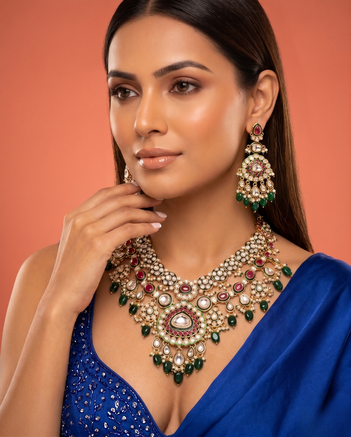 Woman wearing a blue saree with a prominent necklace and earrings against a peach background