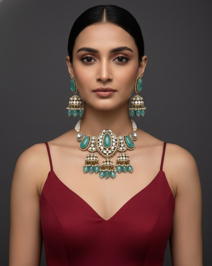 Indian bridal jewellery set highlighted by rich green accents and antique finish