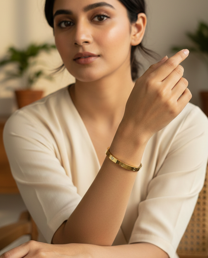 Woman wearing a gold bracelet in an indoor setting