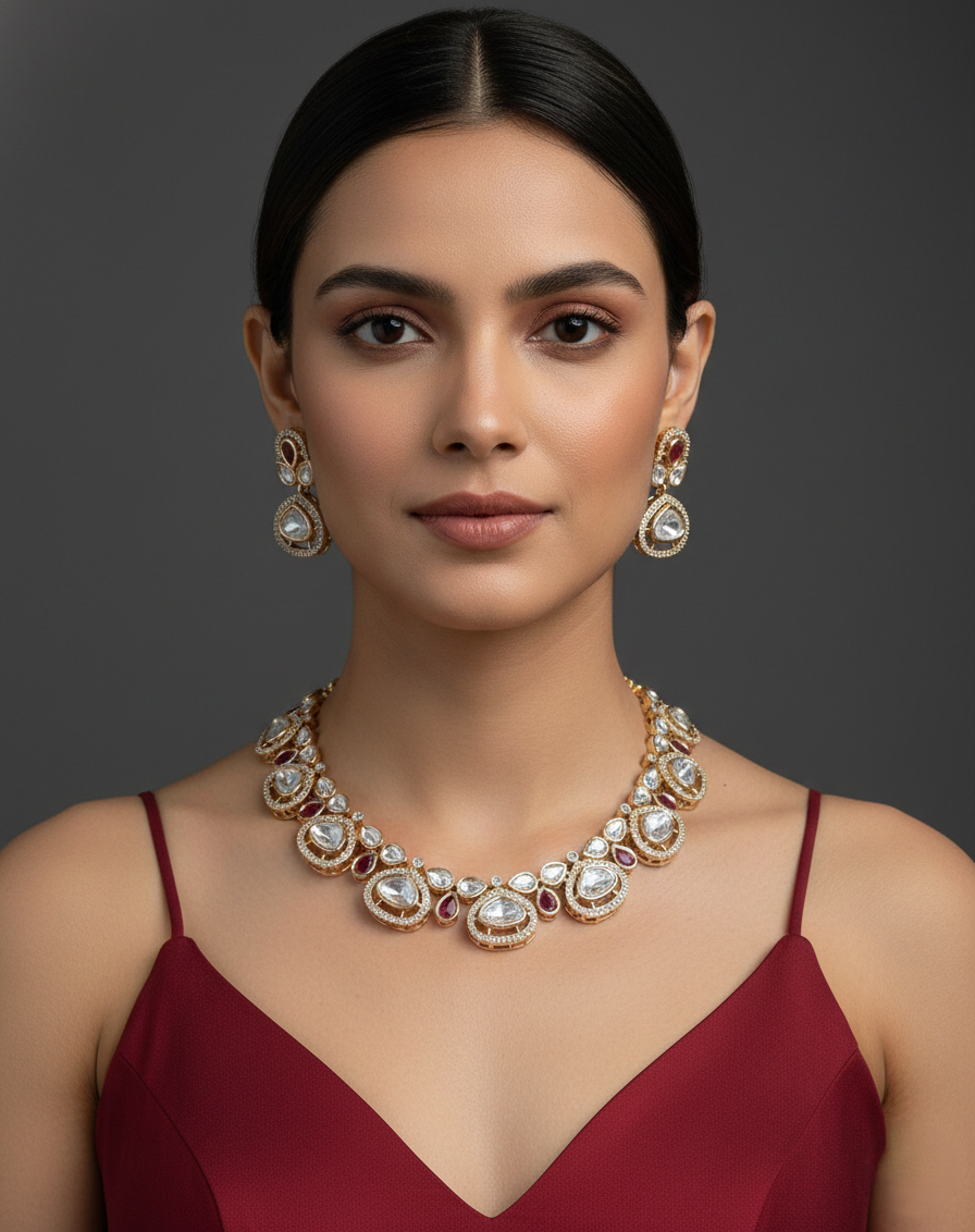 Indian bridal necklace set accented with bold red elements and refined kundan work