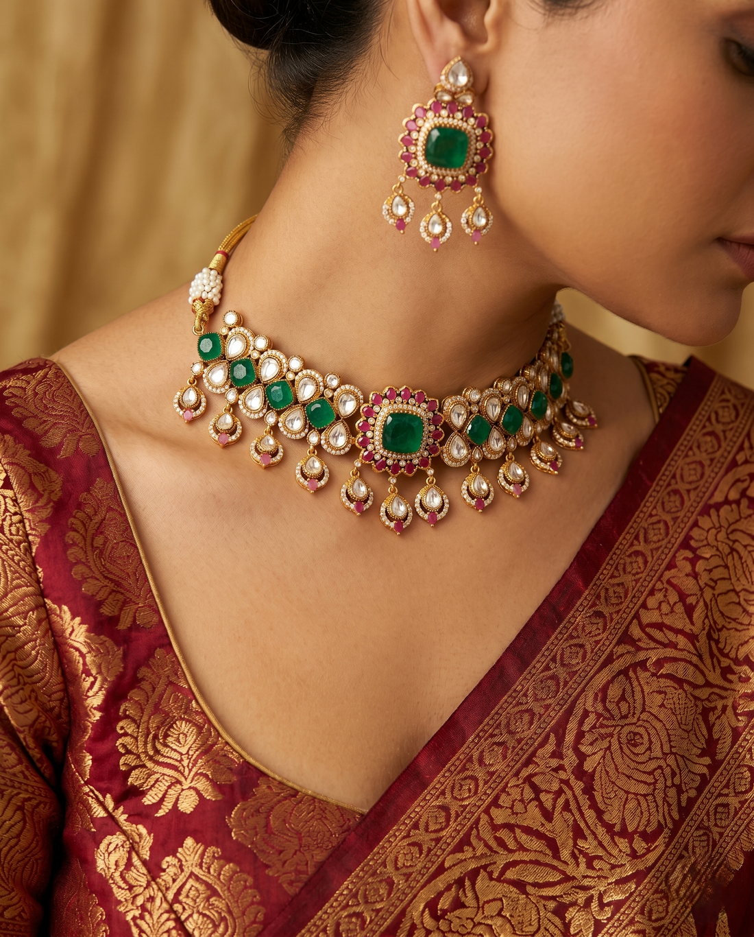 Woman wearing a traditional necklace and earrings with a red and gold saree.