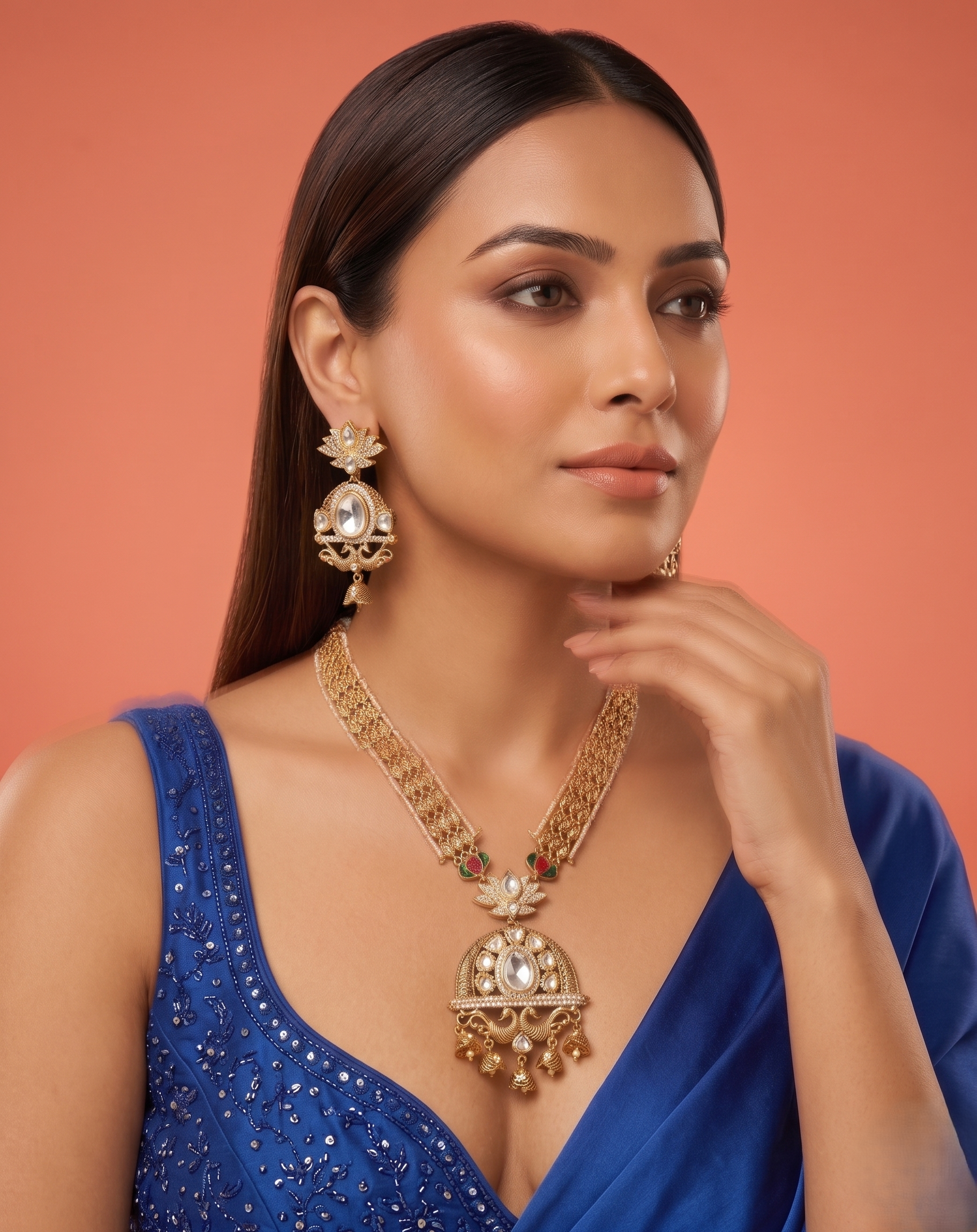 Woman wearing gold jewelry with a blue dress against an orange background