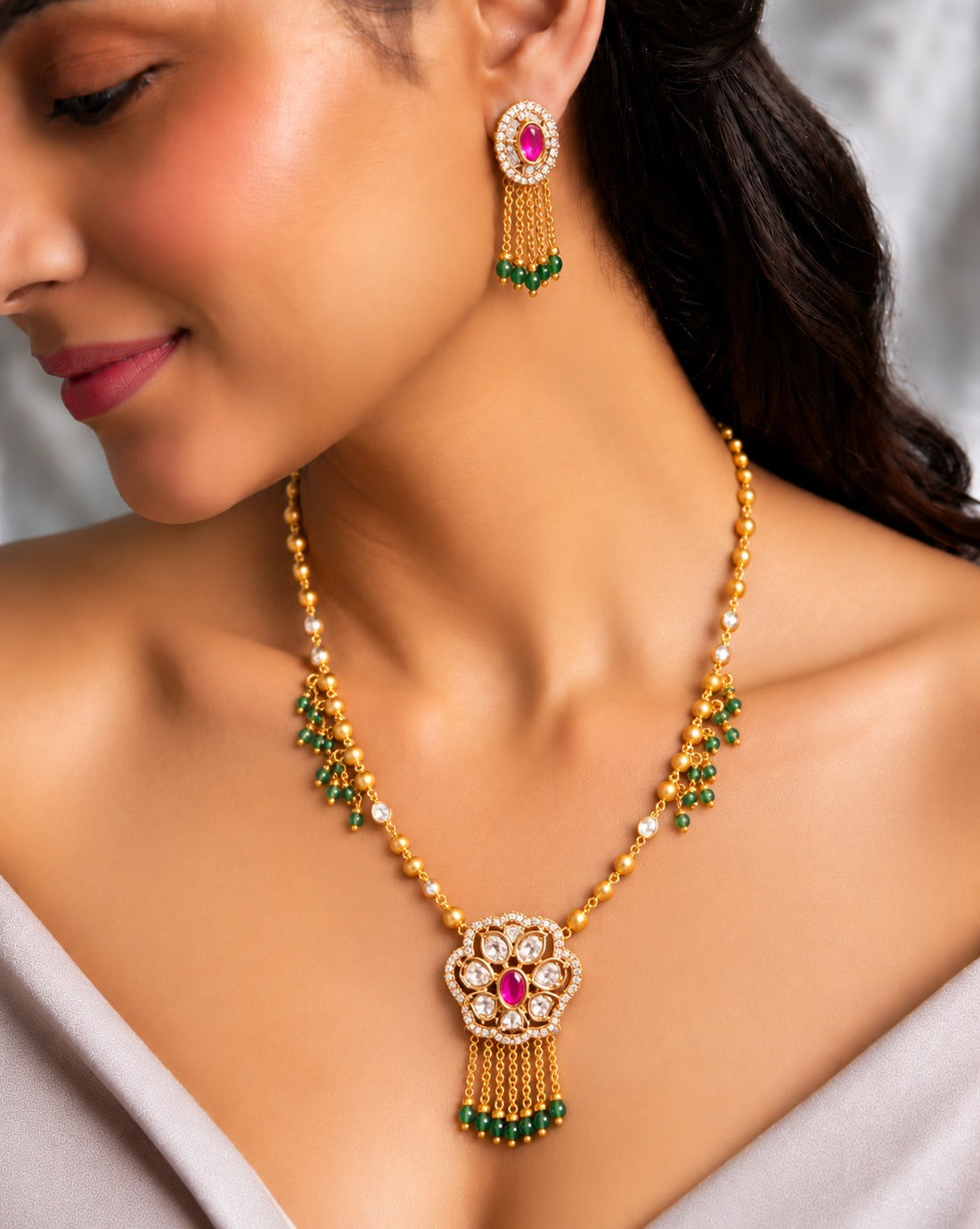 Traditional Designer Long Mala Necklace Set with Earrings