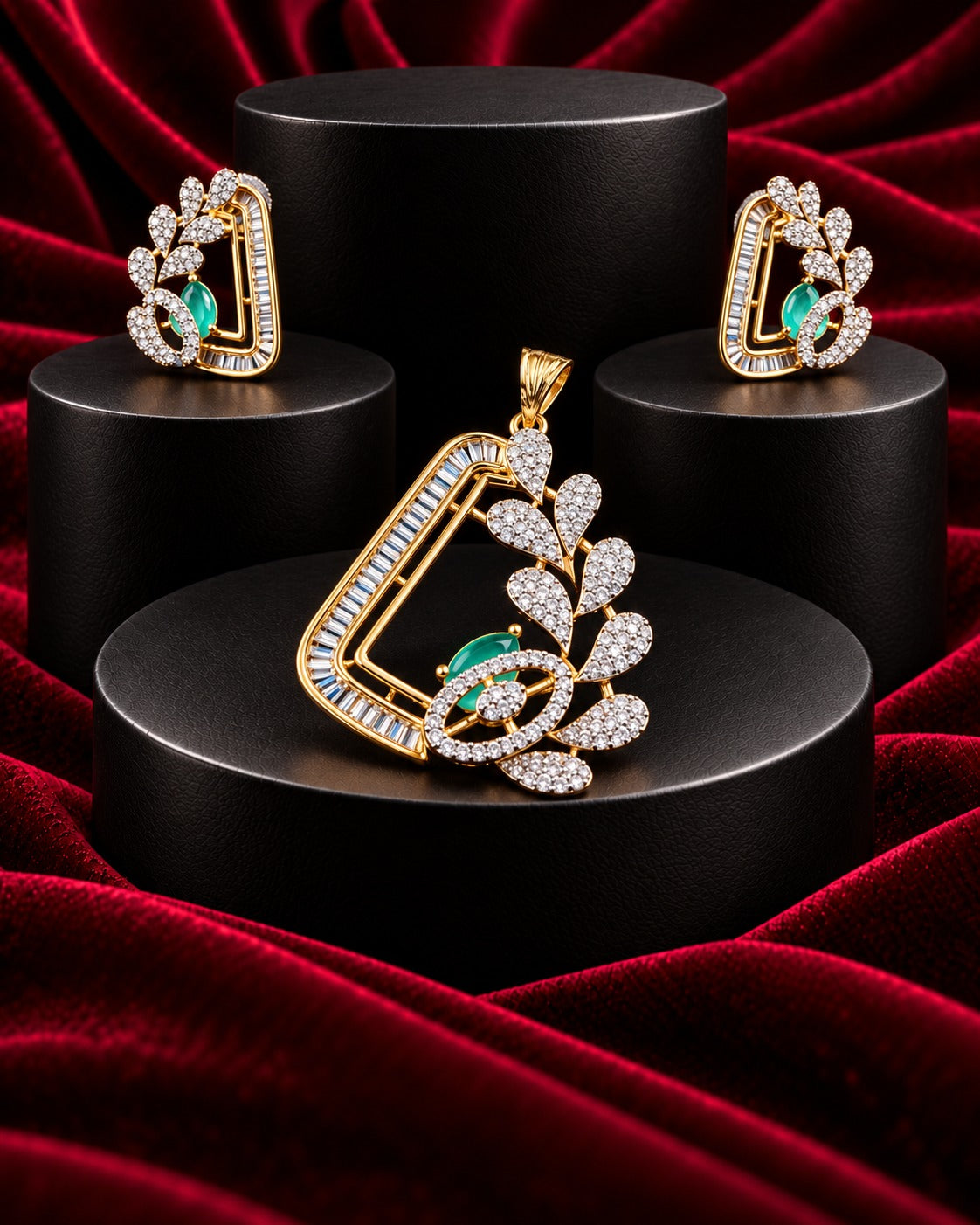 Premium Emerald Green Crystal Geometric Designer Pendant Set in Gold Tone