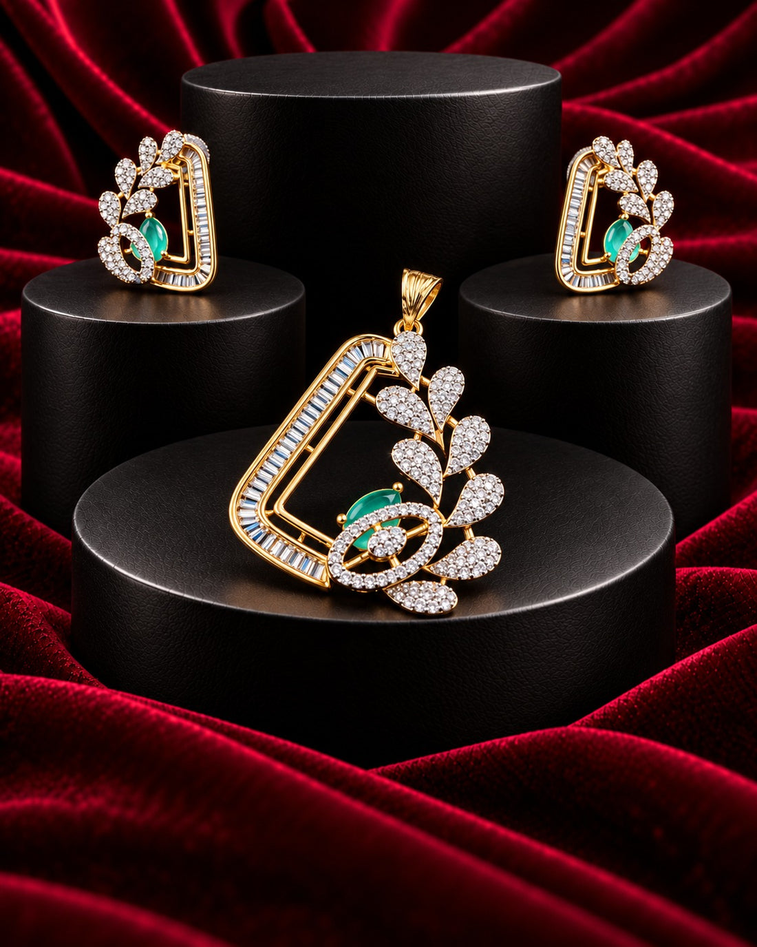 Premium Emerald Green Crystal Geometric Designer Pendant Set in Gold Tone