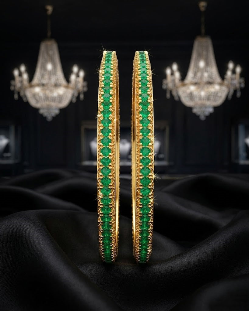 Emerald Green Stone Bangles Pair Gold Tone Slim Design