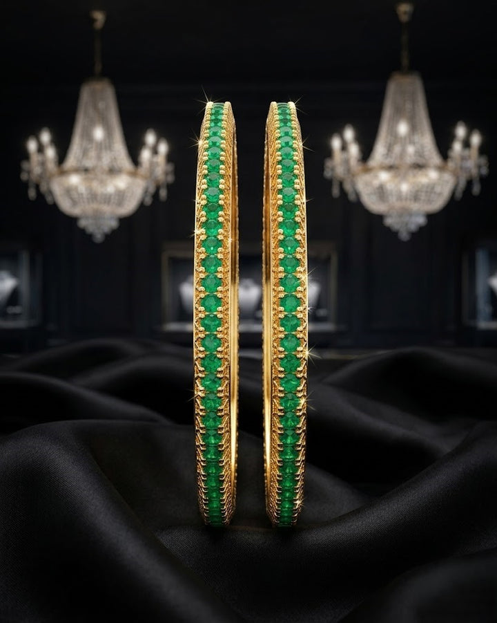 Emerald Green Stone Bangles Pair Gold Tone Slim Design