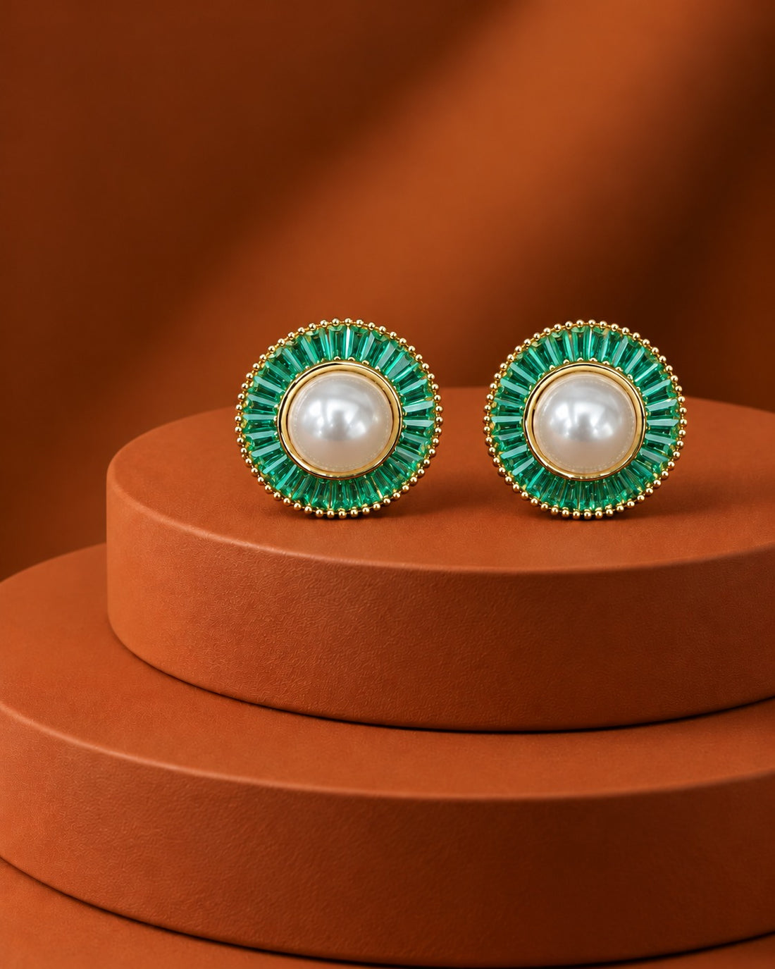 Solid Pearl Halo Baguette Stud Earrings