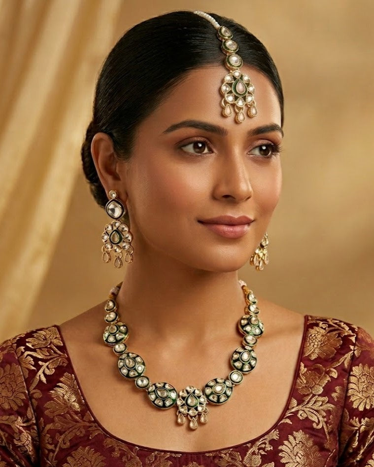 Green Kundan Necklace Set with Earrings and Maang Tikka
