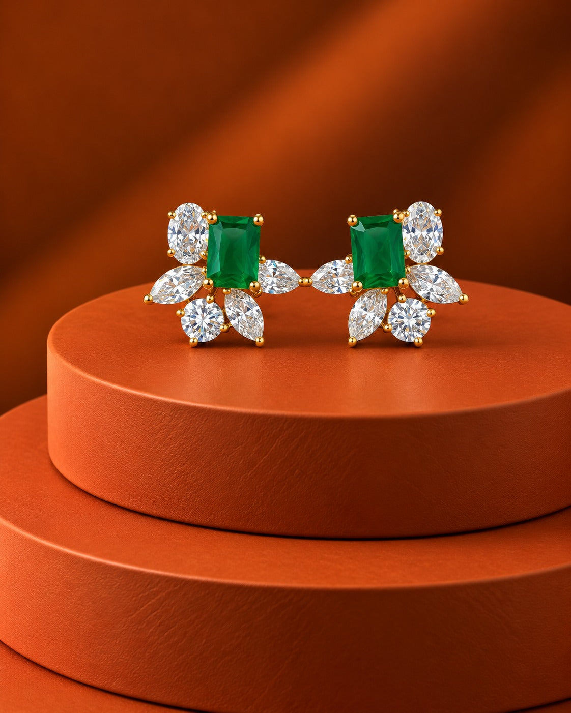 Velora Emerald-Cut Floral Stud Earrings – Blue, Green & Ruby