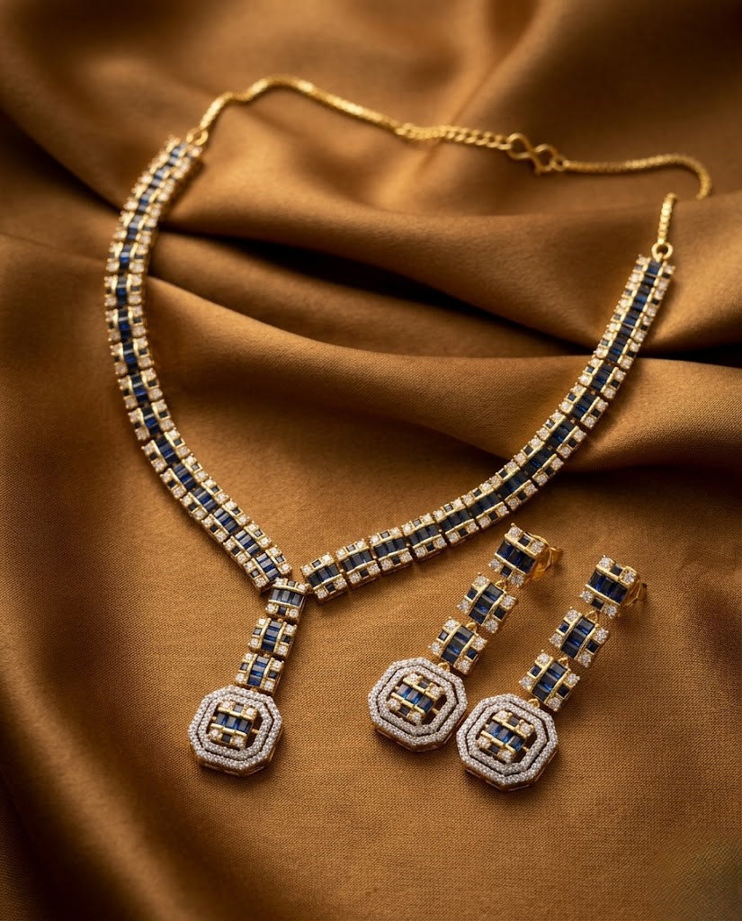 Panna Viraasat Green Stone Diamond Look Necklace Set with Earrings | Gold Tone Party Jewellery