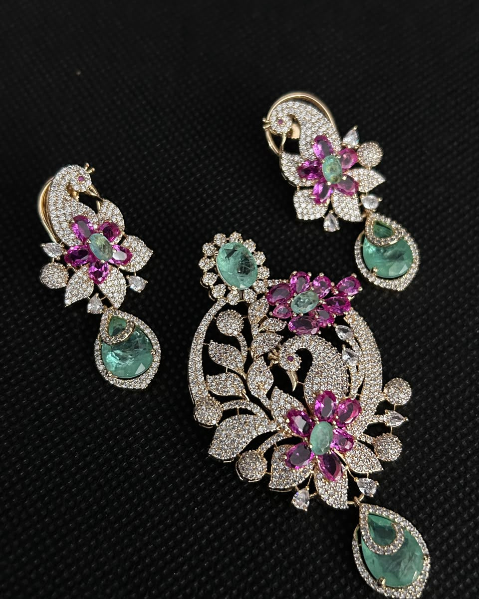 Mayurika Peacock Blossom Pendant & Earrings Set