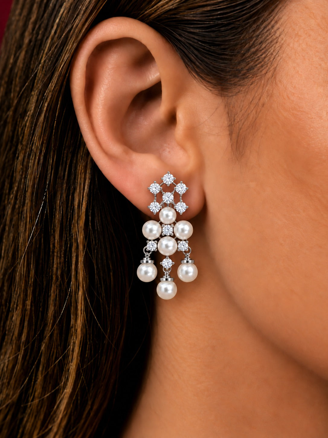 Pearl Cascade Diamond-Look Drop Earrings – Gold & Silver