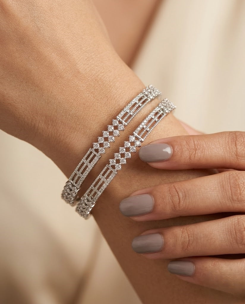 Silver Tone Diamond Look Fixed Bangle Pair for Women