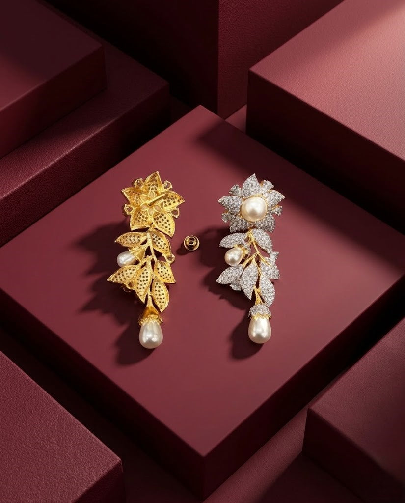 Vaanya Pearl Floral Necklace Set with Screw Back Earrings