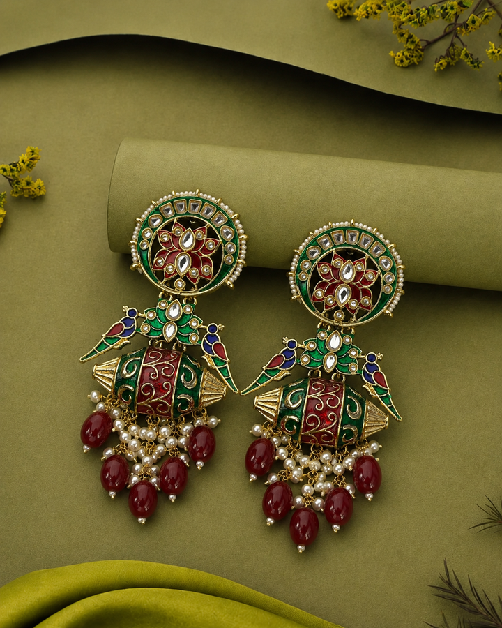 Traditional Meenakari Jhumka Earrings with Kundan, Bird Design & Pearl Drops (Gold Polish)
