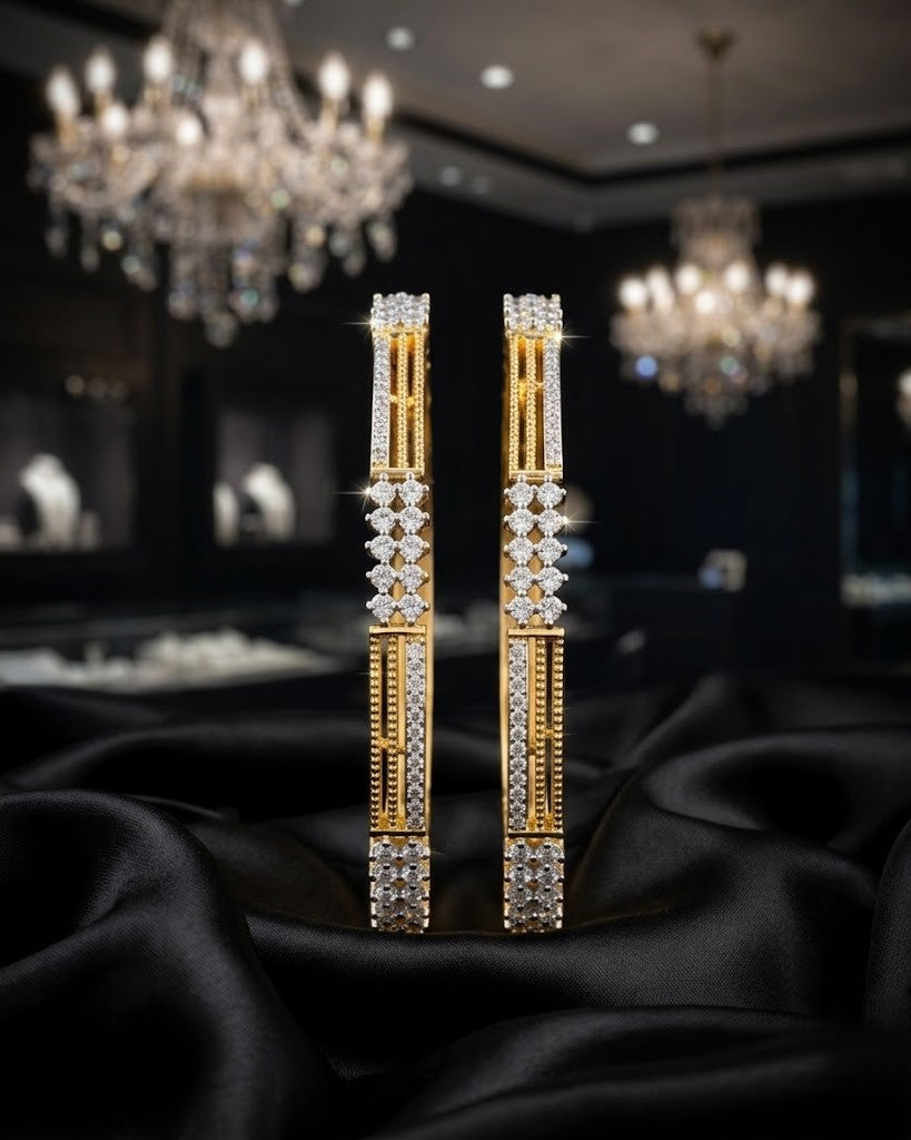 Openable Premium Sparkle Design Diamond Floral Line Bangles Pair Gold Tone
