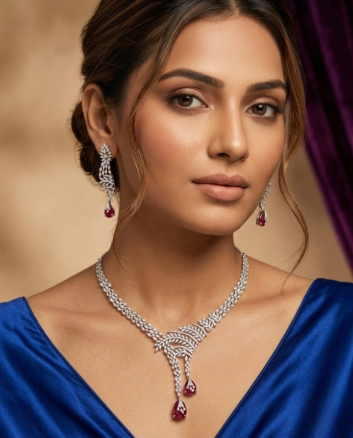 Meherza Emerald Real Look Diamond Necklace Set with Green Drop Earrings