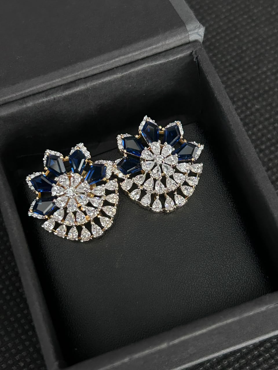 Zarelle Fan Bloom Diamond-Look Stud Earrings – Ruby, Green & Blue