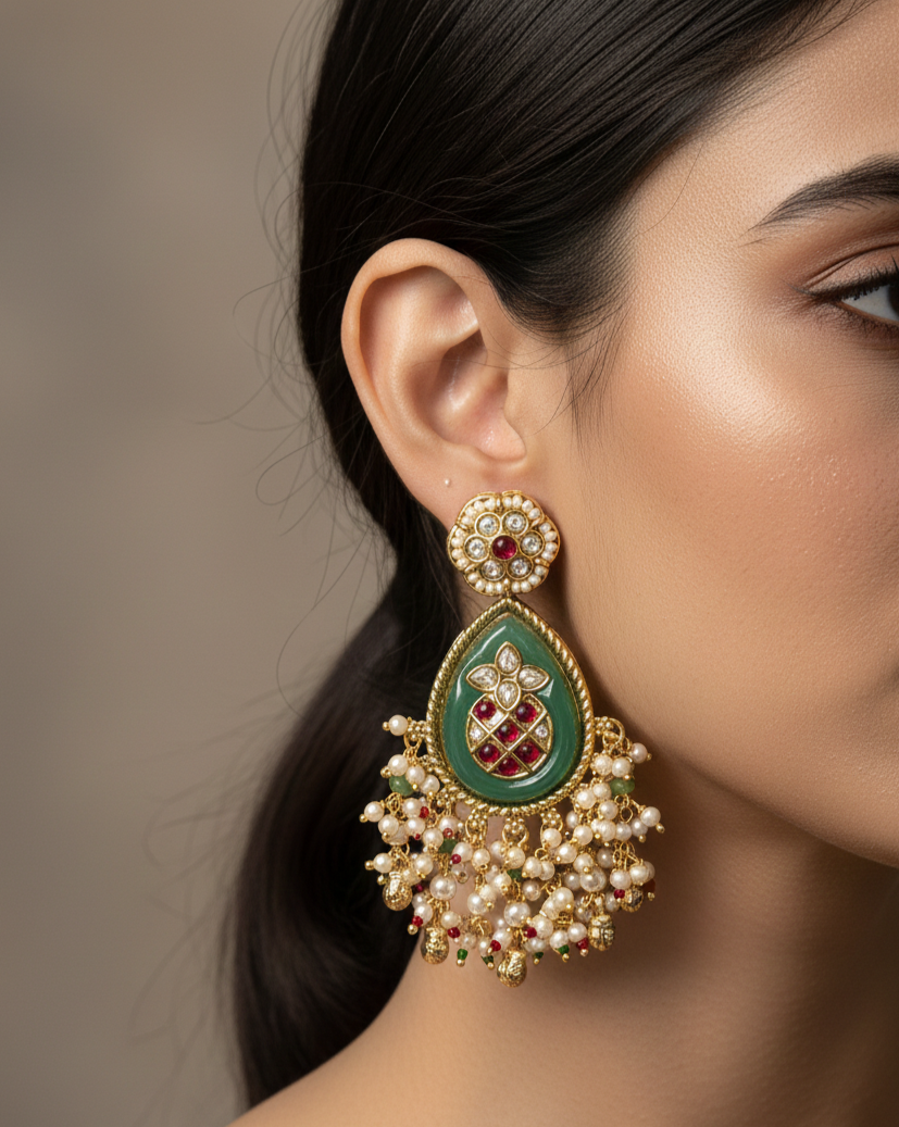 Close-up of a woman wearing an ornate green and gold earring with pearls and red stones.