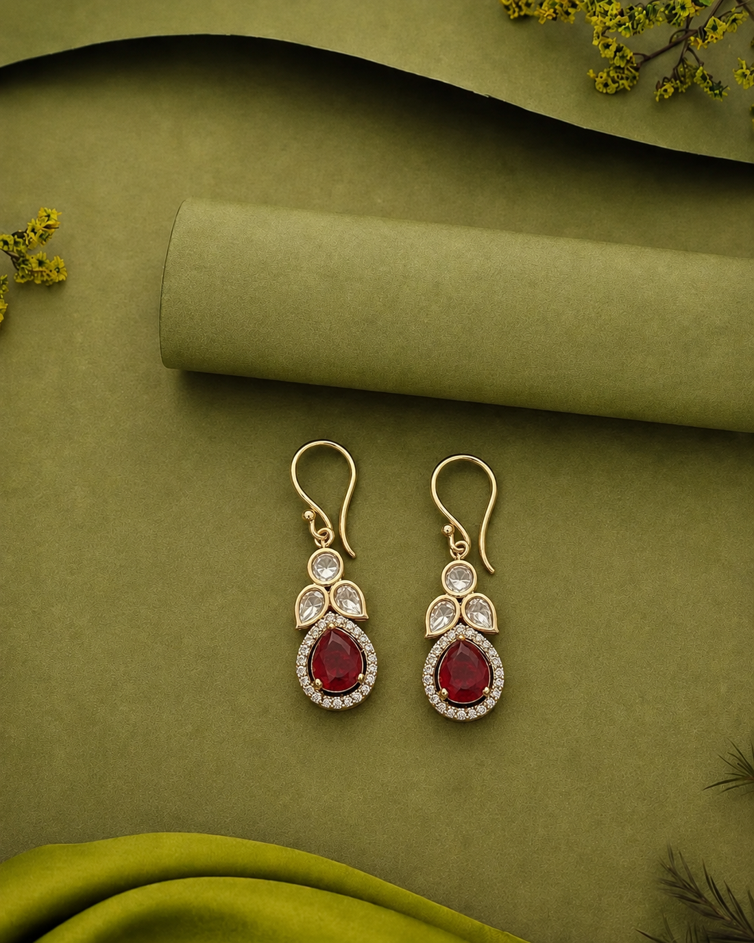 Premium Kundan Teardrop Earrings Green Red Gold Finish