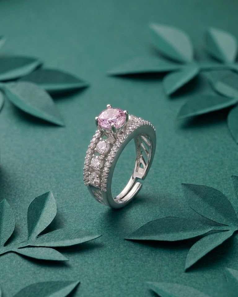 Premium Solitaire Diamond Look Ring Silver Plated Adjustable – 5 Color Variants