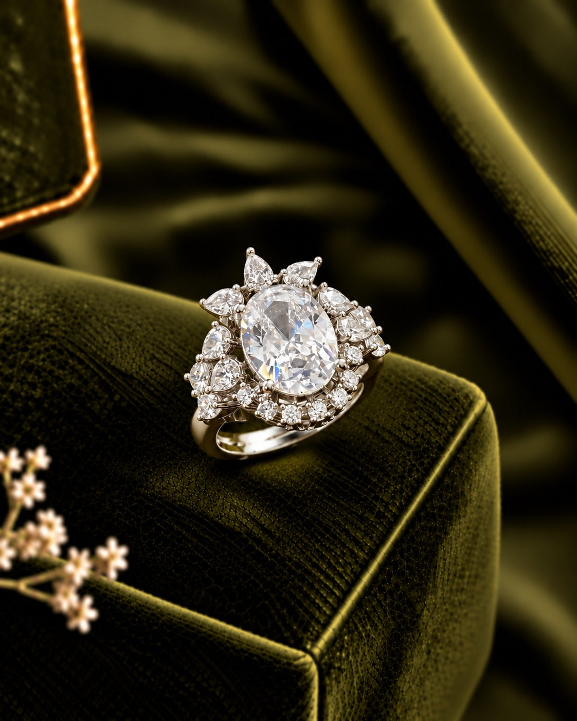 Adjustable Oval Crystal Halo Statement Ring – Gold & Silver
