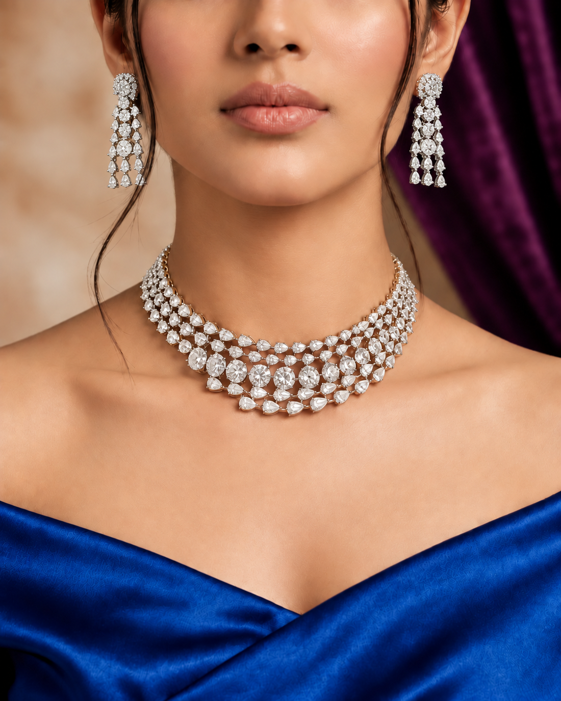Diamond Look Choker Necklace Set with Long Earrings – Silver Finish