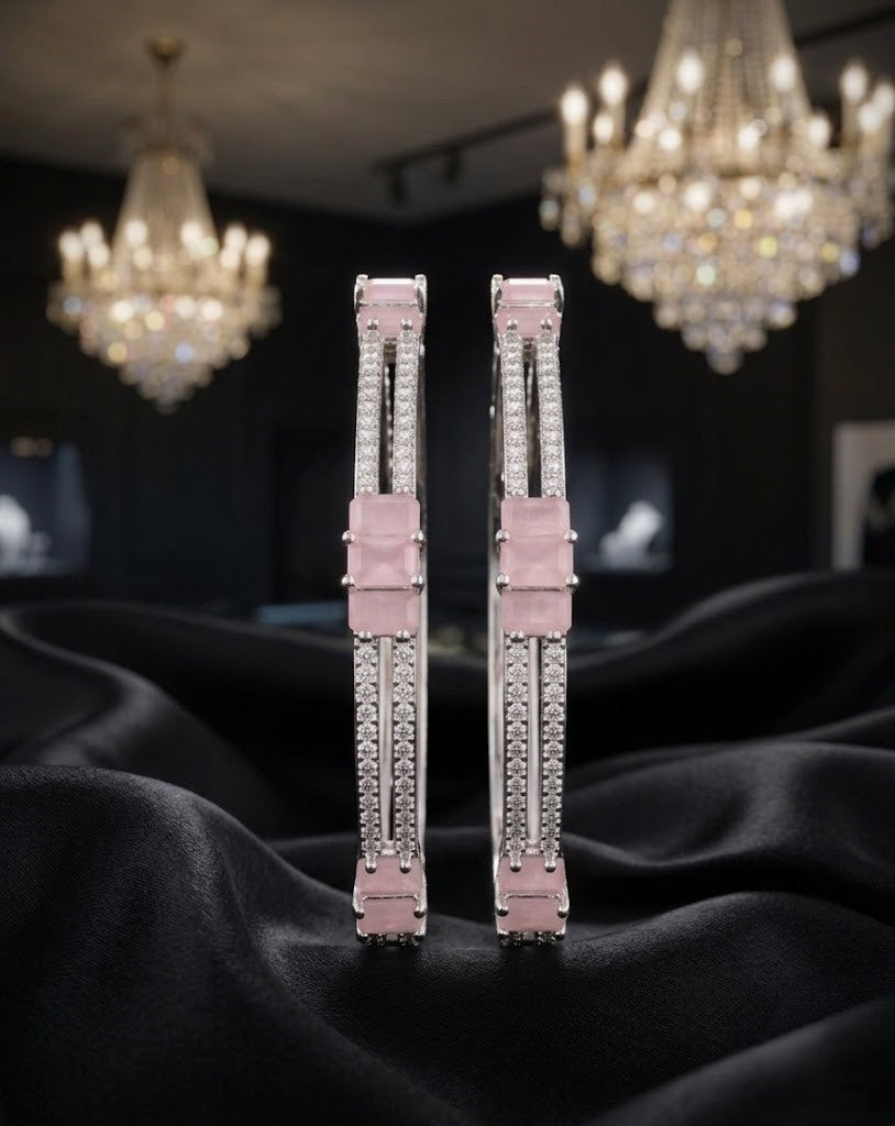Premium Sparkle Design Soft Pink Rectangle Diamond Bangles Pair Silver Tone