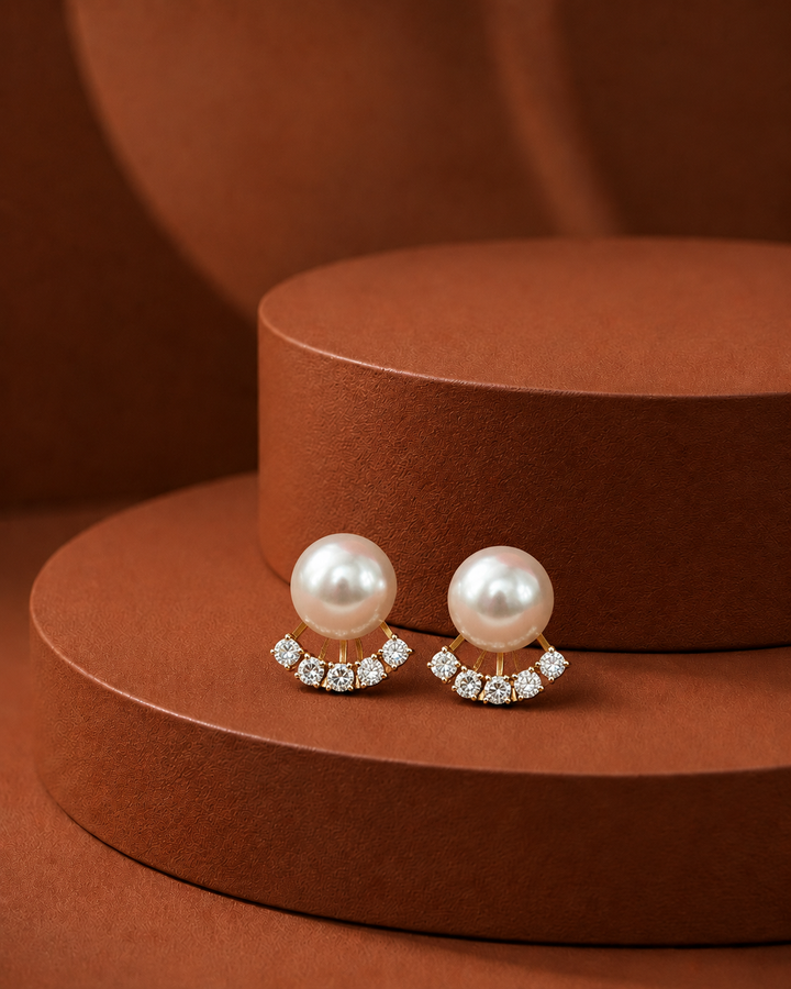 Lunara Arc Pearl Studs – Pearl & Diamond Curve Earrings in Gold Finish