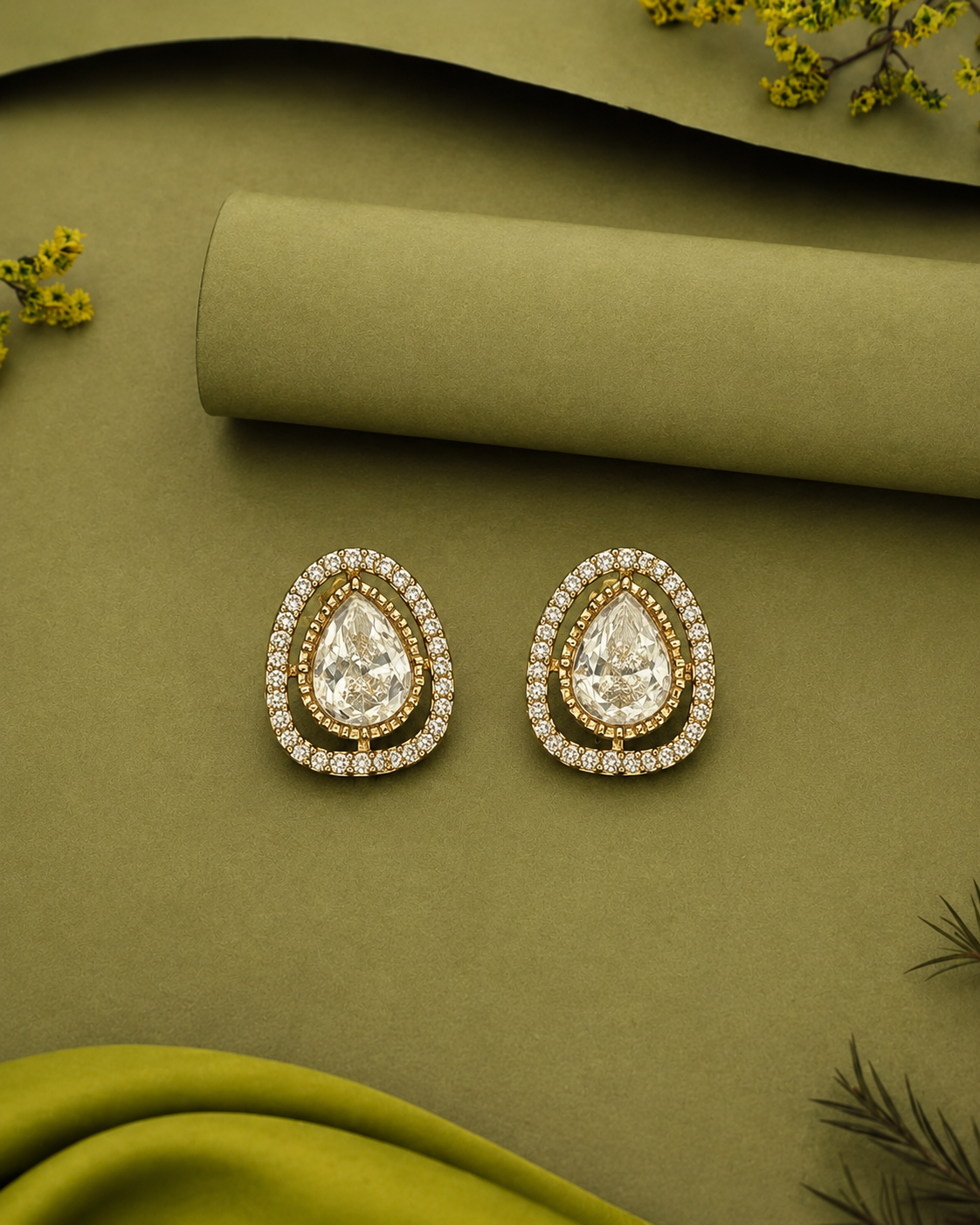 Oval Crystal Double Halo Stud Earrings with Micro Stone Border in Gold Finish