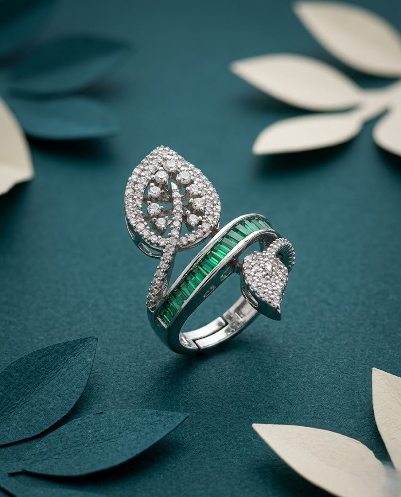 Gulnaar Leaf AD Ring for Women Silver Tone Adjustable Designer Ring