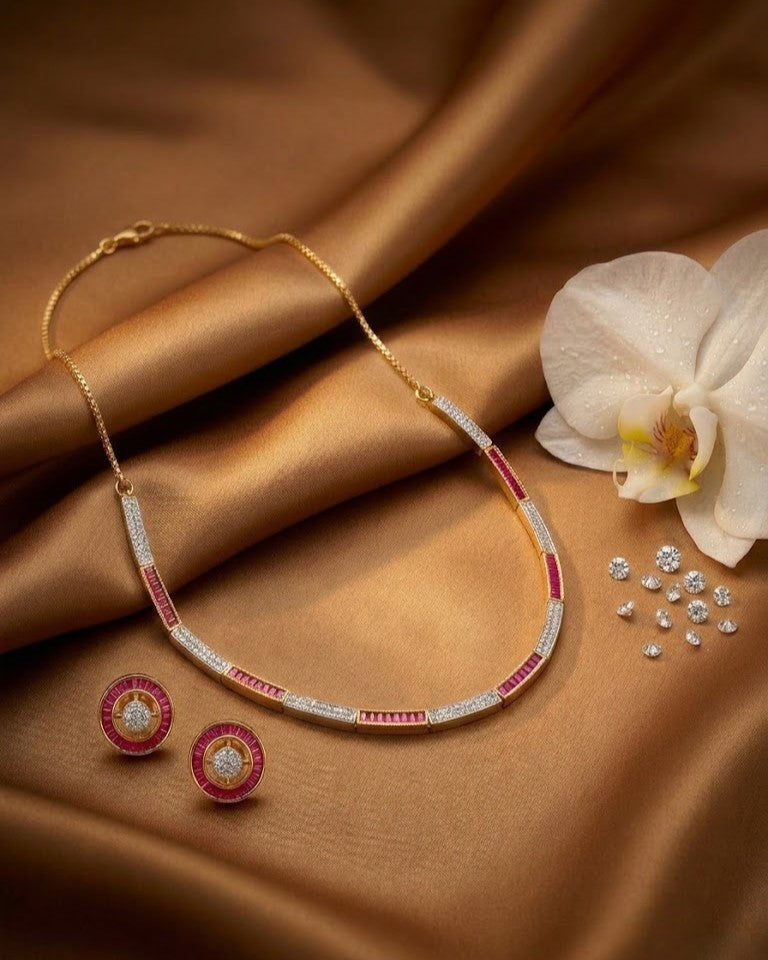 Aarunya Luxe Diamond Line Necklace Set with Stud Earrings