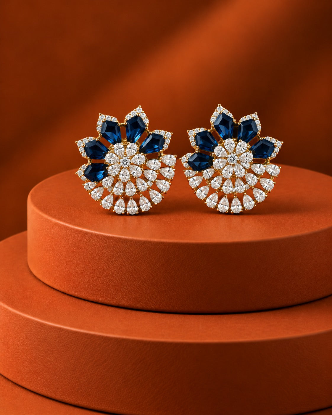 Zarelle Fan Bloom Diamond-Look Stud Earrings – Ruby, Green & Blue