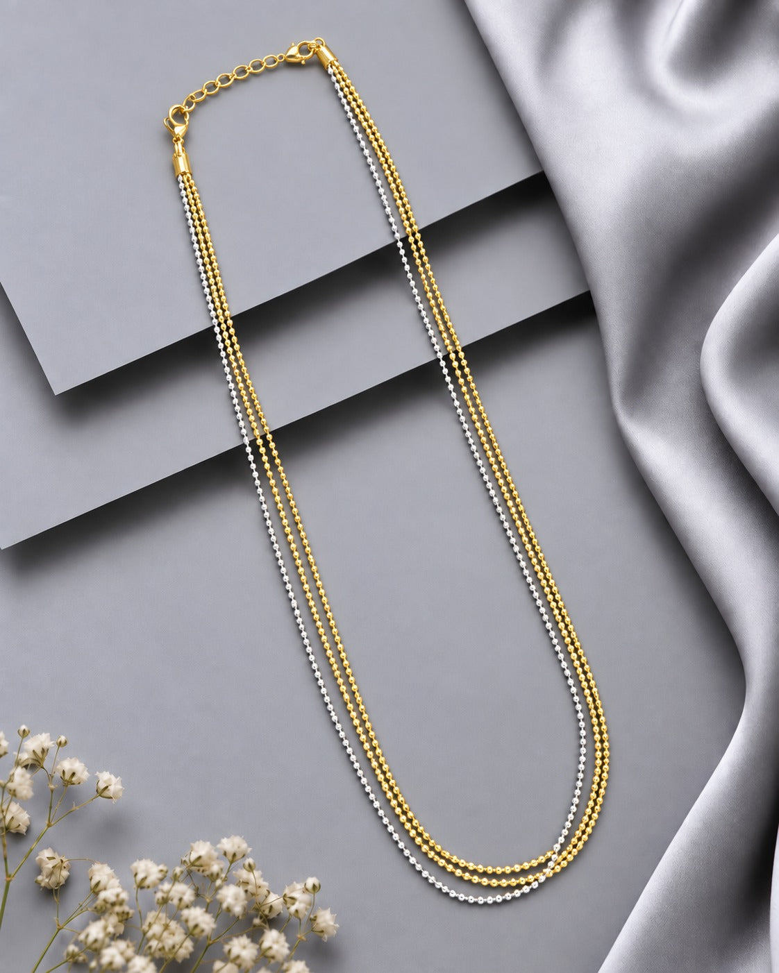 Trinelle Two-Color Gold & Silver Three-Layer Beaded Necklace – 18 Inch