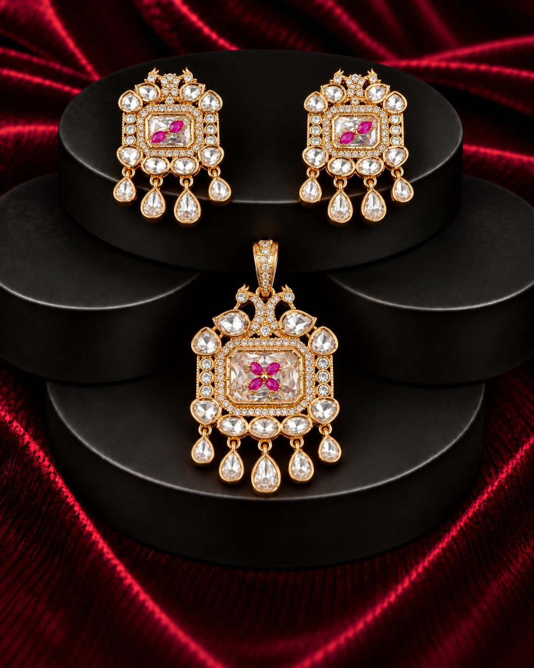 Morvika Peacock Polki Drop Pendant Set