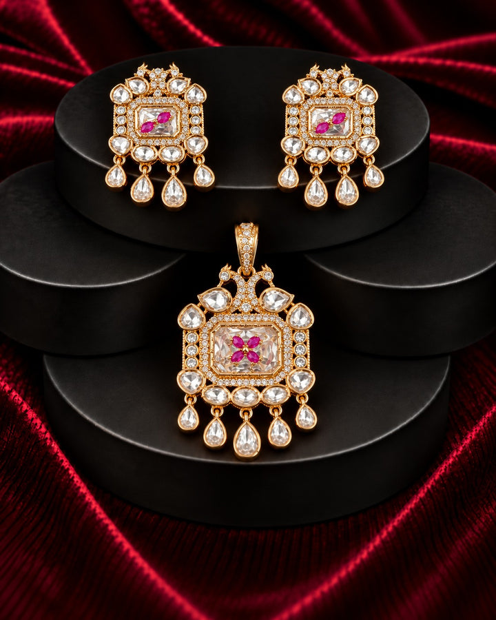 Morvika Peacock Polki Drop Pendant Set