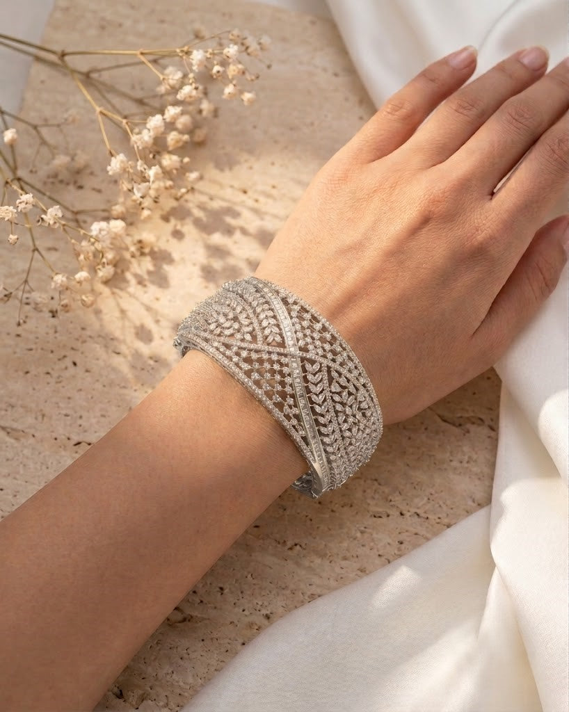 Luxury Openable Diamond Bracelet for Women | Silver Polish American Diamond Kada | Size 2.4 & 2.6 | Bridal & Party Wear