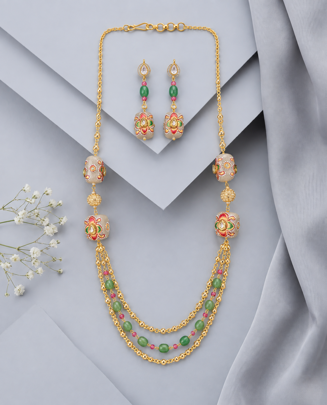 Meherika Meenakari Bead Mala & Earrings