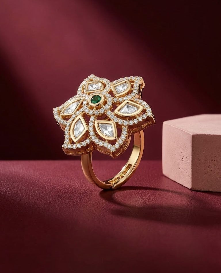 Kumudini Ruby Kundan Ring for Women | Floral Adjustable Statement Ring