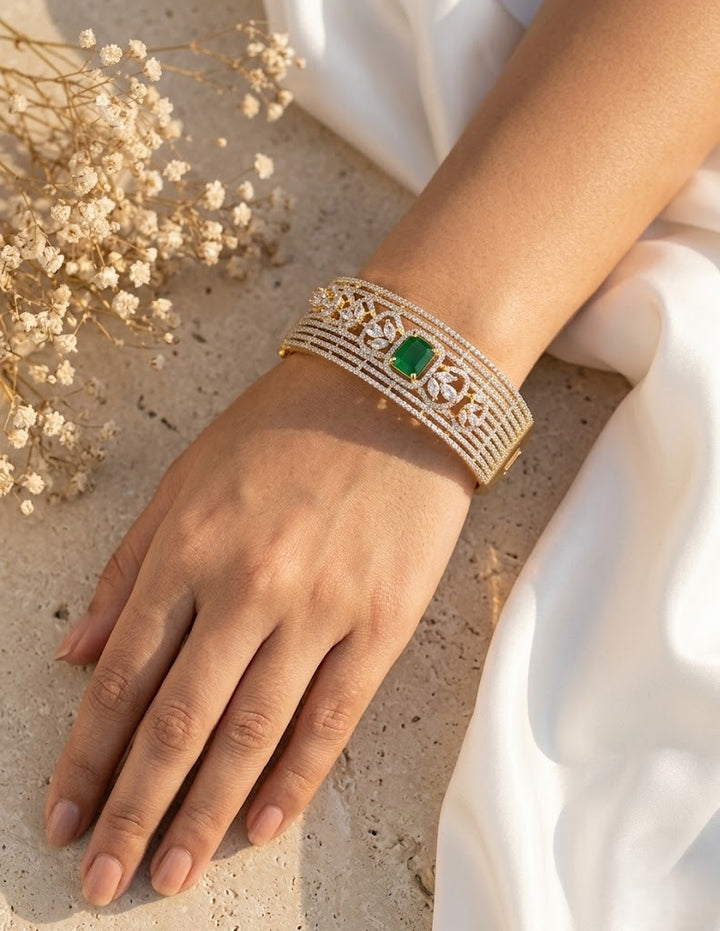 Royal Ruby, Emerald & Diamond White Statement Openable Gold Plated Bracelet ( 2.4 , 2.6 )