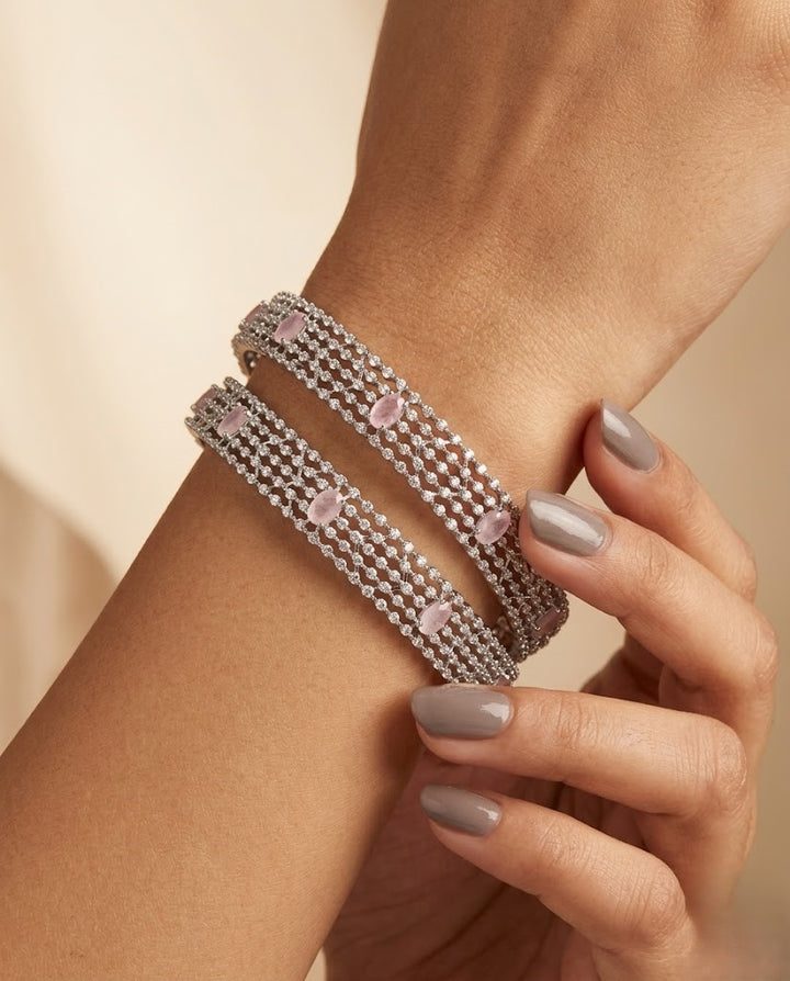 Premium Sparkle Design Soft Pink Diamond Mesh Bangles Pair Silver Tone