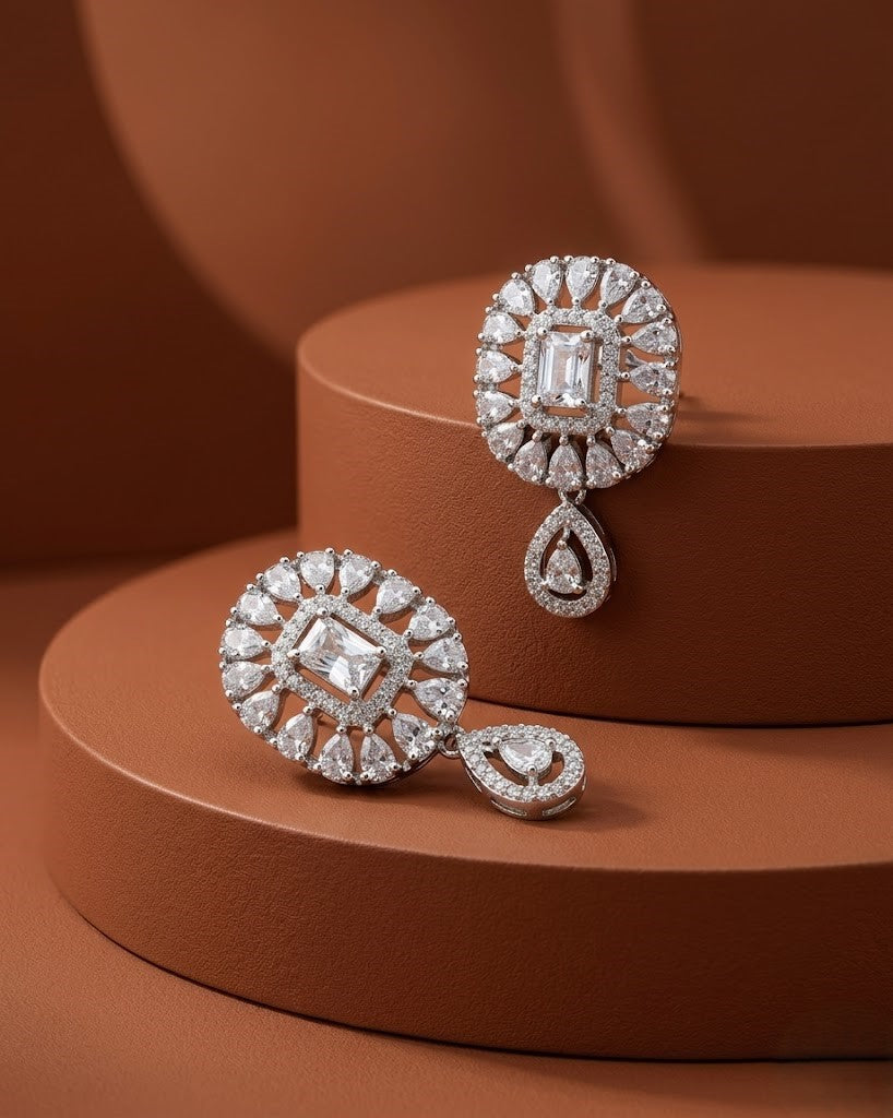 White Diamond Round Drop Stud Earrings – Silver Finish