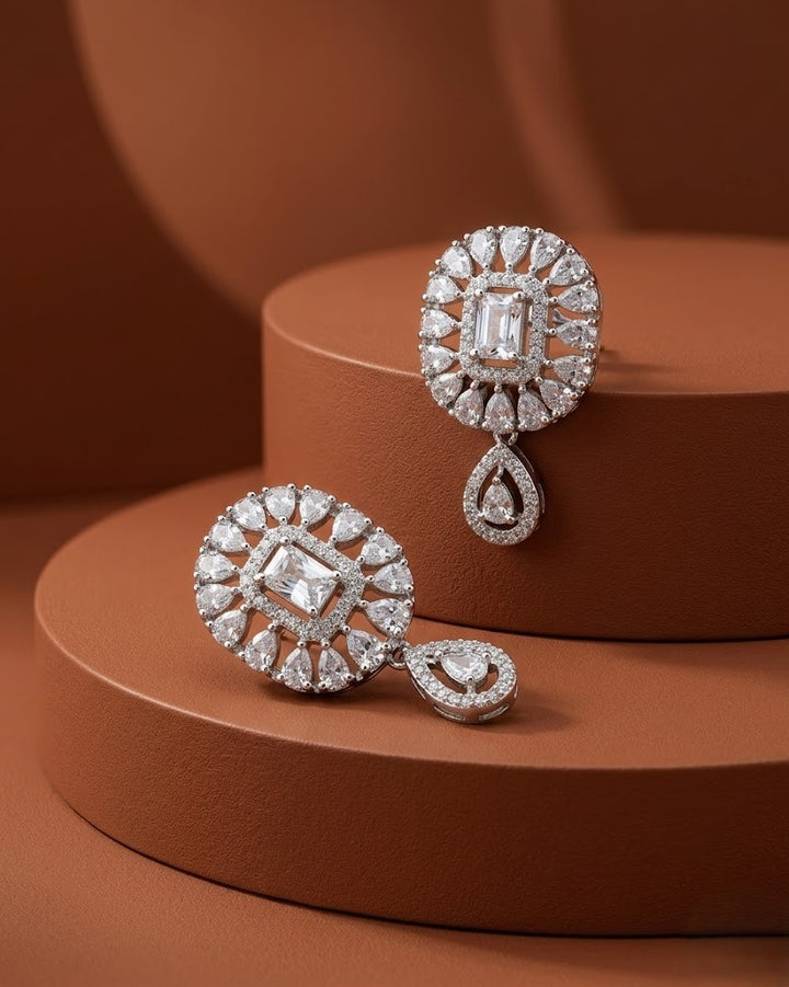 White Diamond Round Drop Stud Earrings – Silver Finish