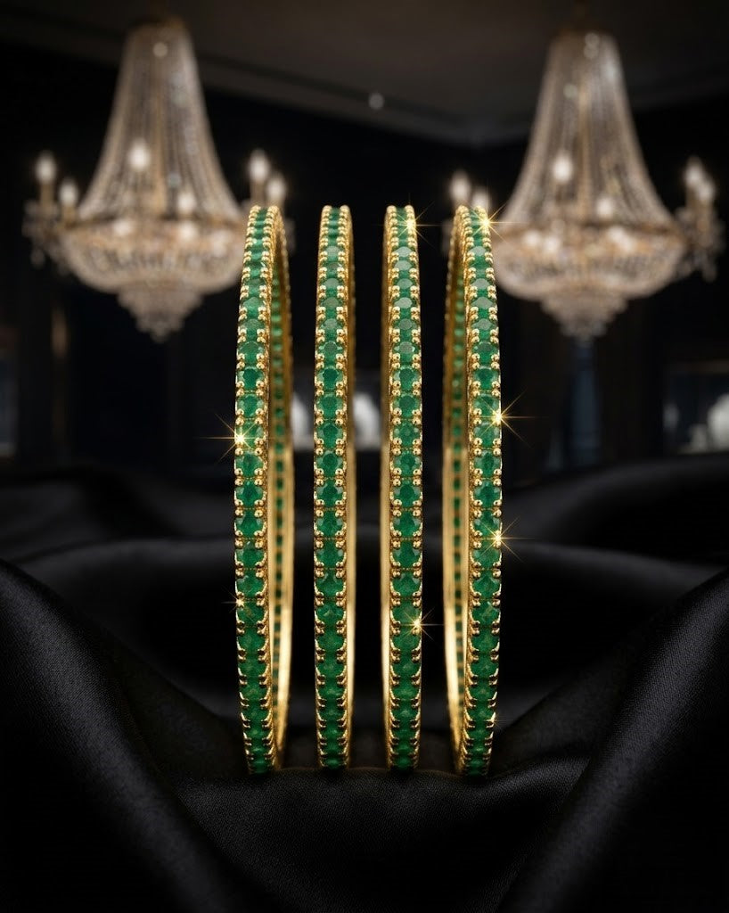 Emerald Green Stone Bangles Set of 4 ,Gold Tone Stack Design