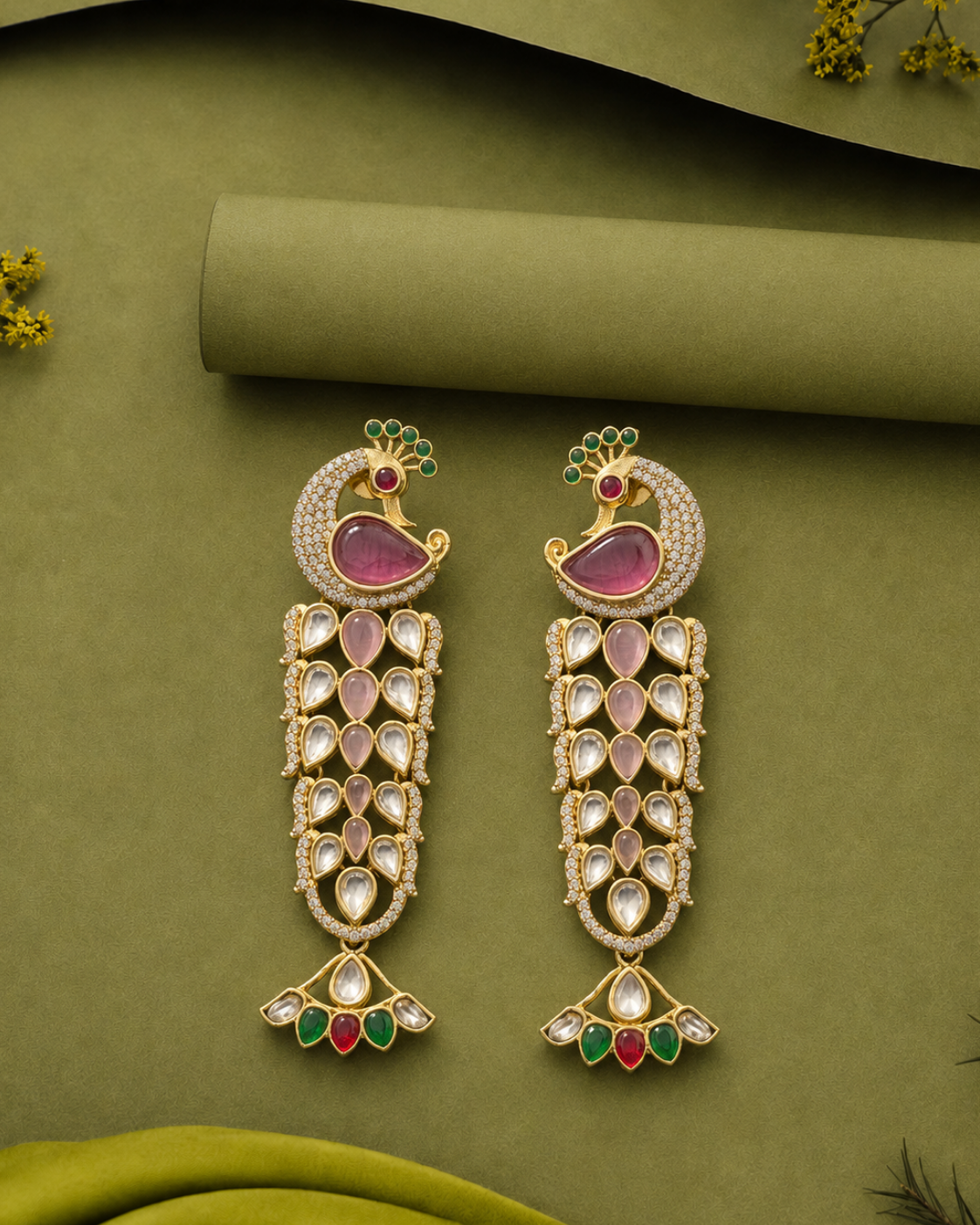 A pair of ornate gold-toned dangle earrings with pink stone inlays, clear rhinestone embellishments, and small green and red accents, arranged on an olive green fabric background with decorative paper and flowers.