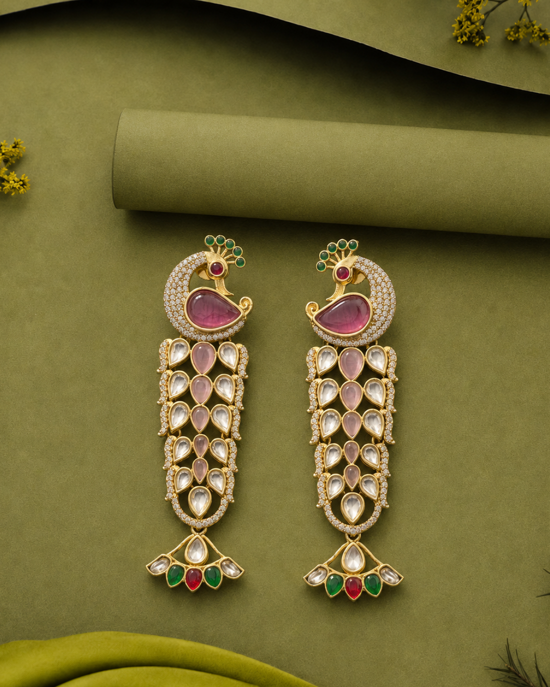 A pair of ornate gold-toned dangle earrings with pink stone inlays, clear rhinestone embellishments, and small green and red accents, arranged on an olive green fabric background with decorative paper and flowers.