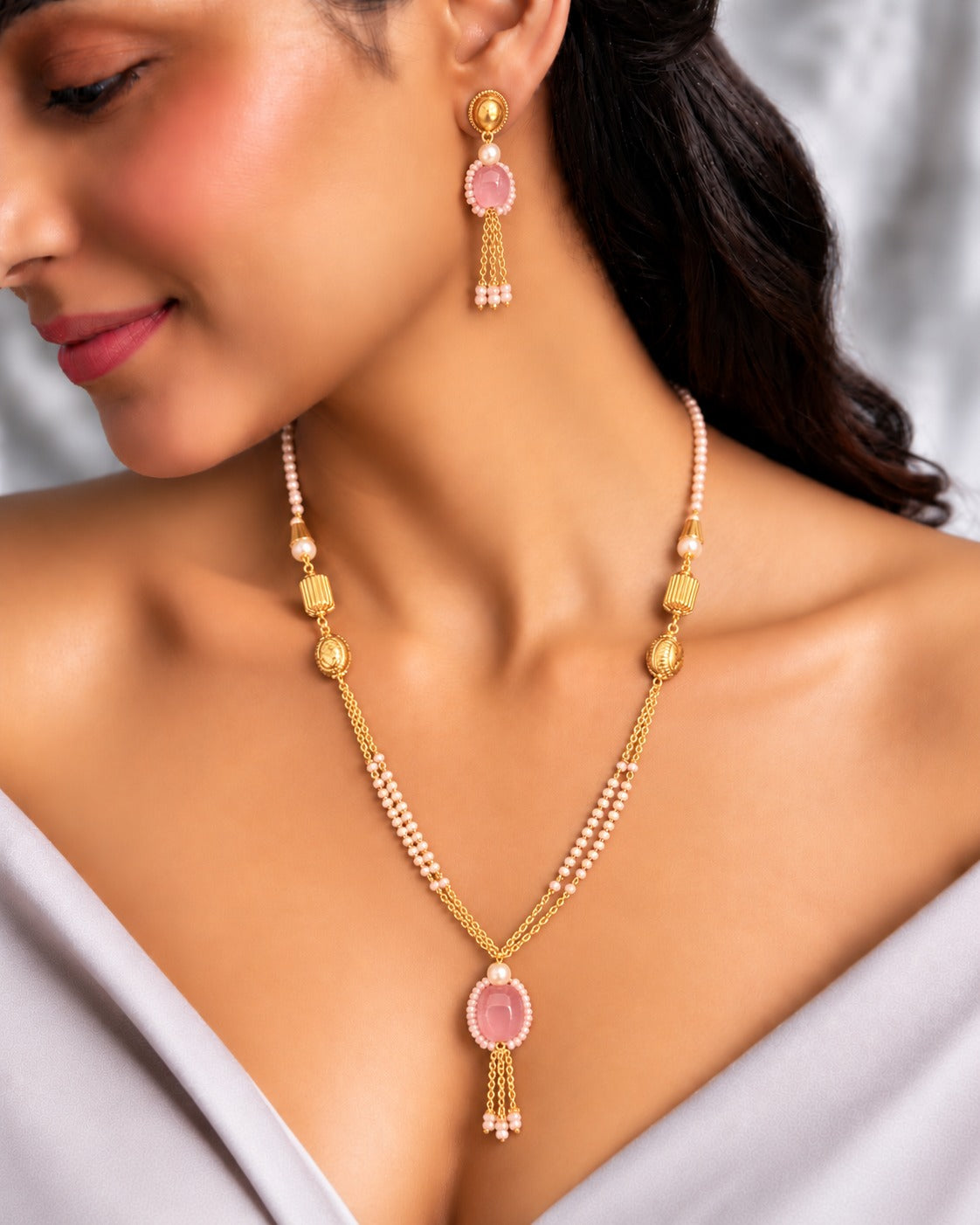 Elegant Pink Pearl Designer Mala Necklace Set with Matching Earrings
