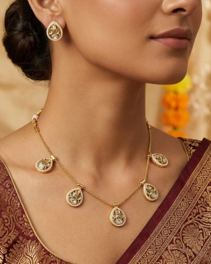 Teardrop Polki Chain Necklace Set with Stud Earrings | Gold Finish Festive Jewellery