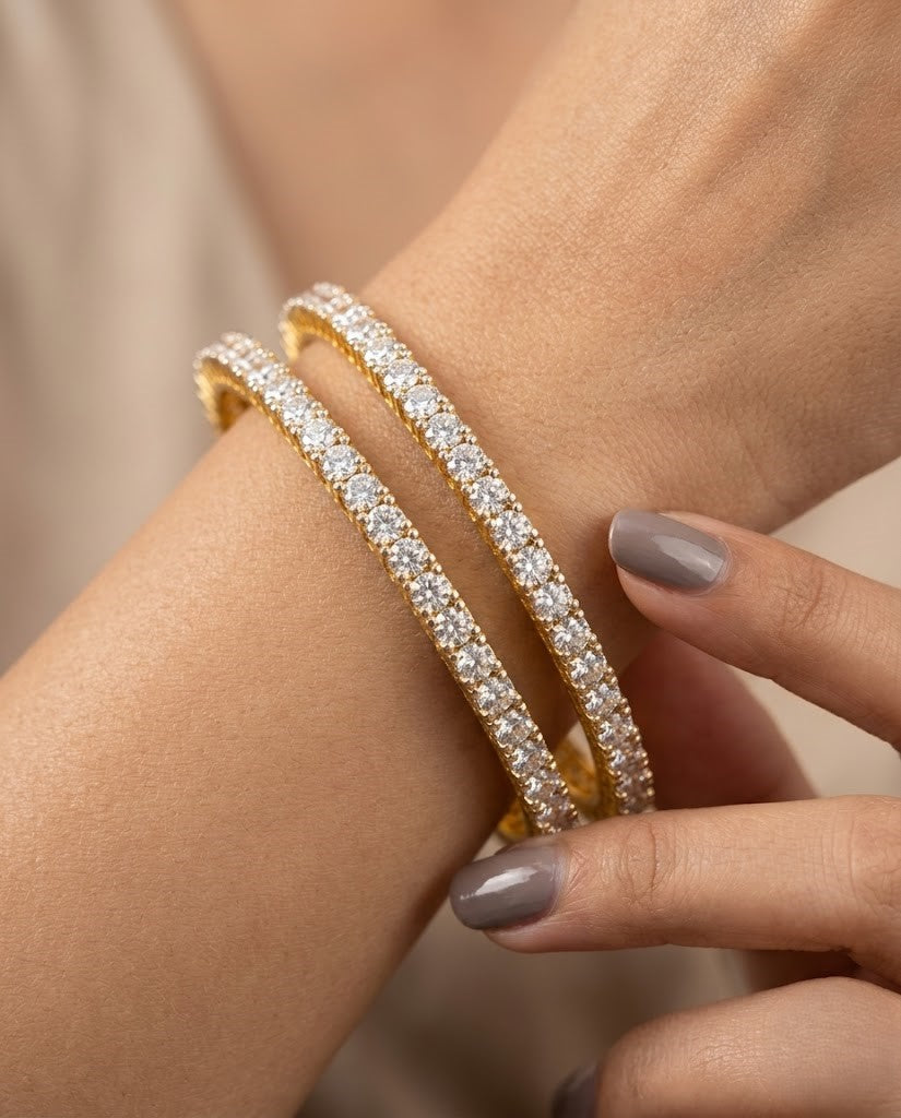 Gold Finish Diamond-Style Crystal Bangles Pair for Women